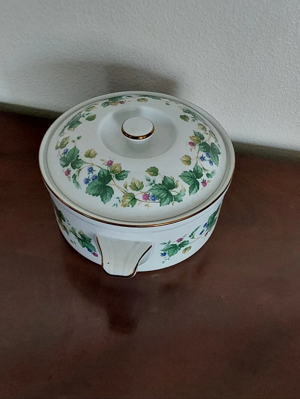Porcelain Covered Casserole Dish with Green Floral Pattern